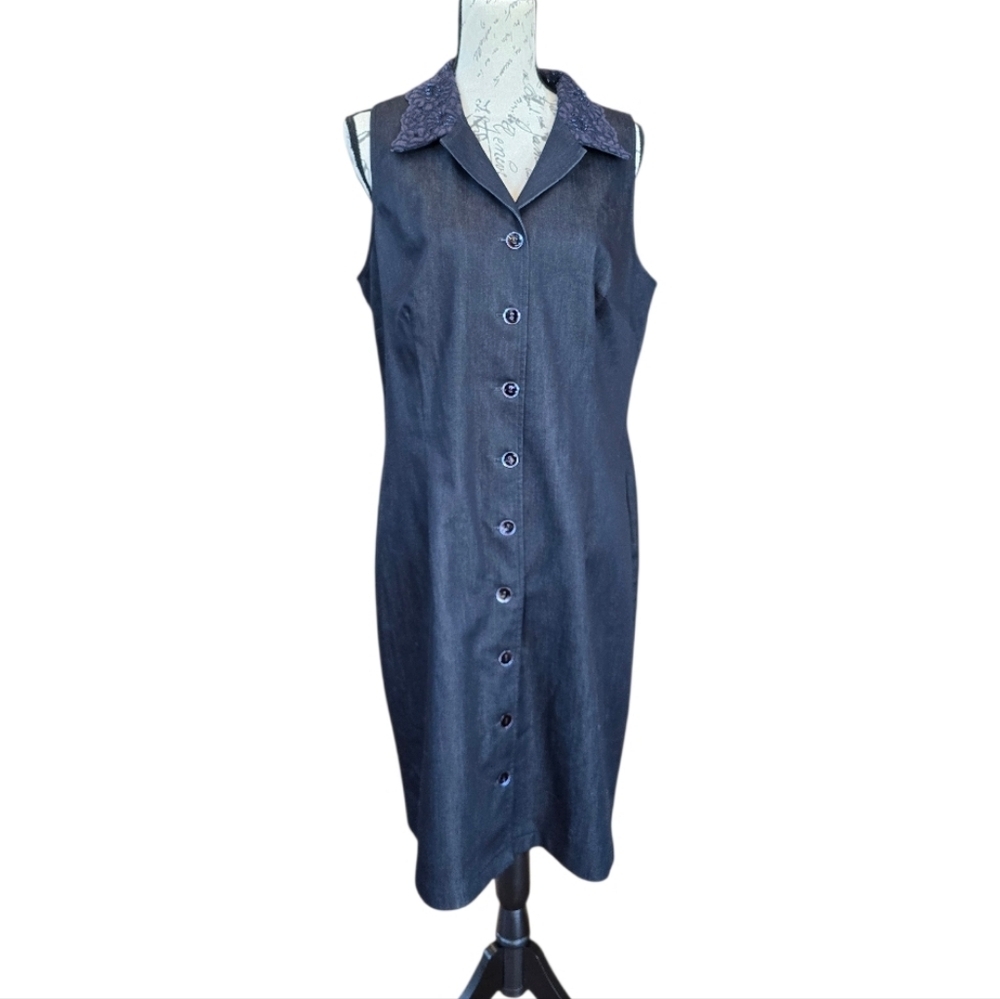 John Roberts Dark Navy Embroidered Sleeveless Button Dress 16